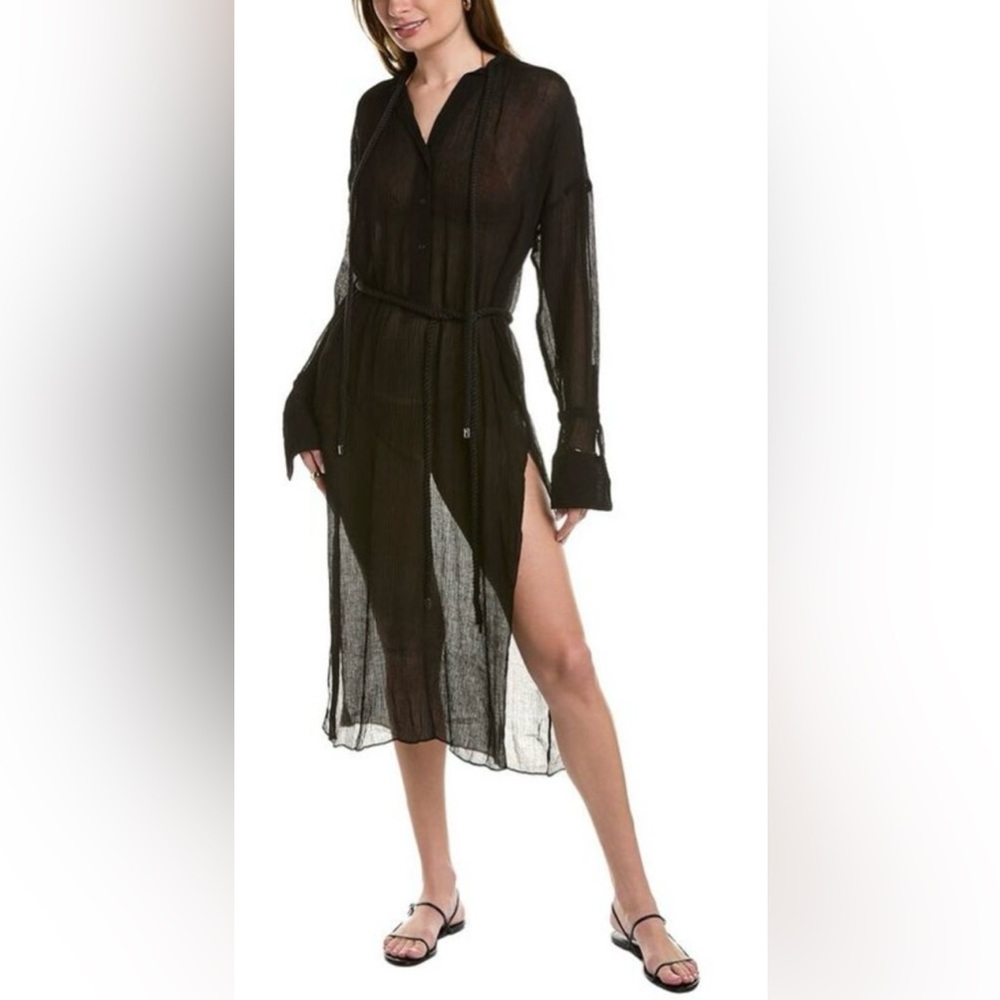 ALC Palma Silk & Linen Blend Black Sheer Swim Cover Up Midi Dress $395 XS/S new